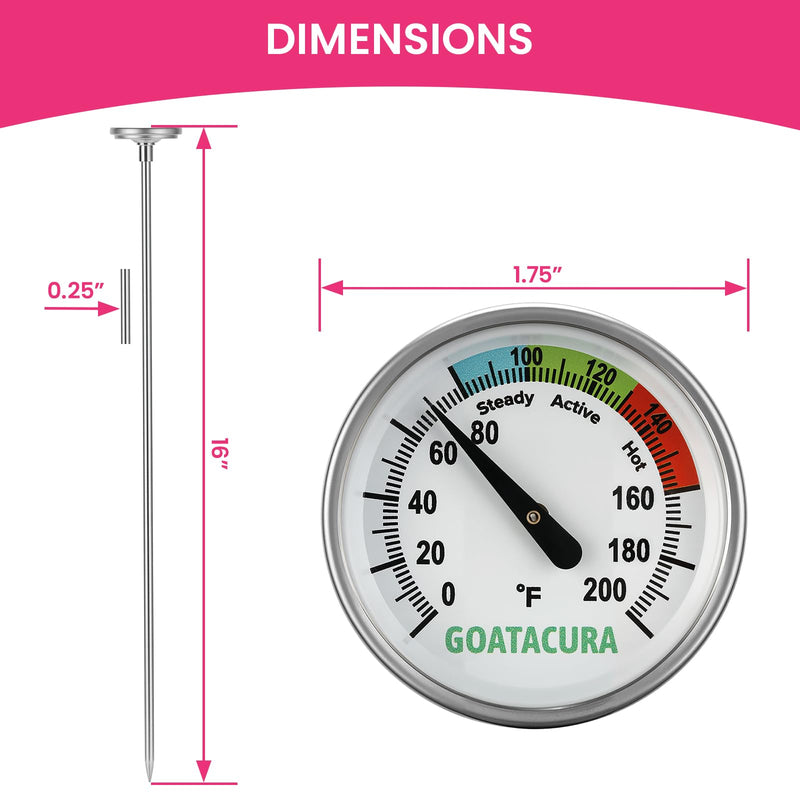 [Australia - AusPower] - Compost Soil Thermometer, 304 Stainless Steel Case and Probe,1.75" Dial Size, 16" Stem Length, 0-200 Deg F, 3 Temperature Zones 