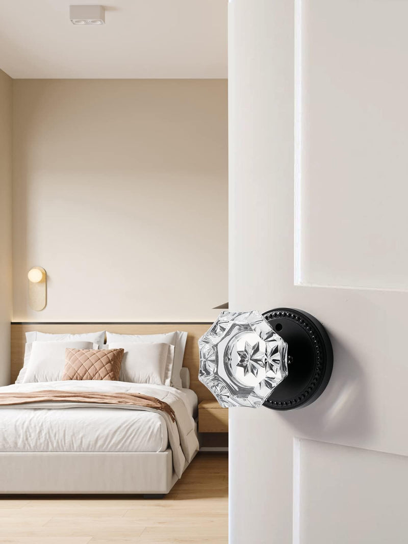 Black Door Knobs Crystal Door Knob Interior Privacy Glass Door Knob for Bedroom and Bathroom,Zinc Alloy Matte Black 1 Pack Black-Privacy