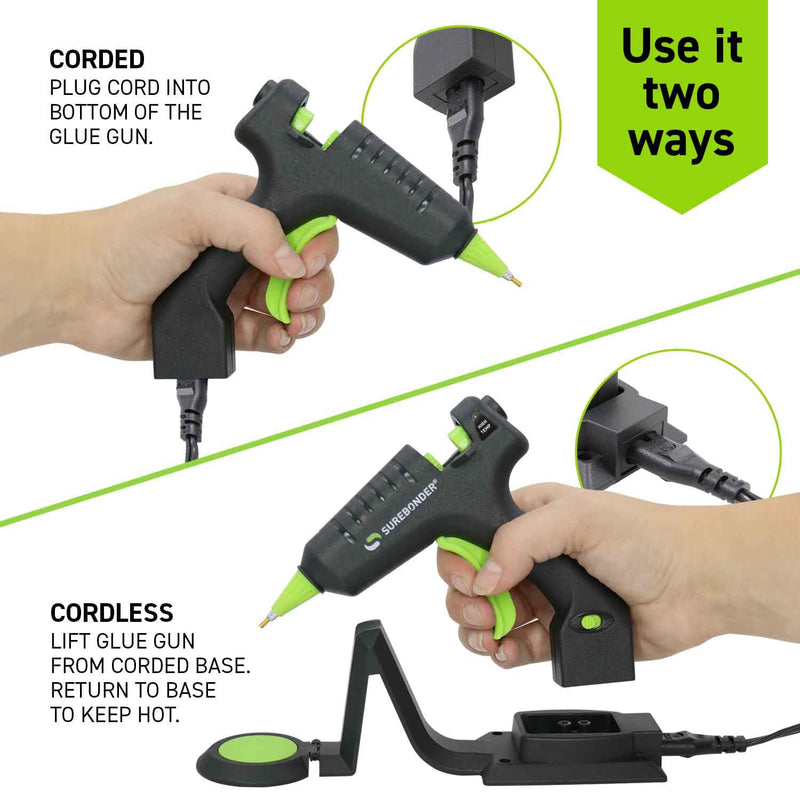 Surebonder Cordless/Corded High Temperature Mini Hot Glue Gun With Detail Tip, 20 Watt, Recharge With Portable Heat Stand (CL-195F),Black