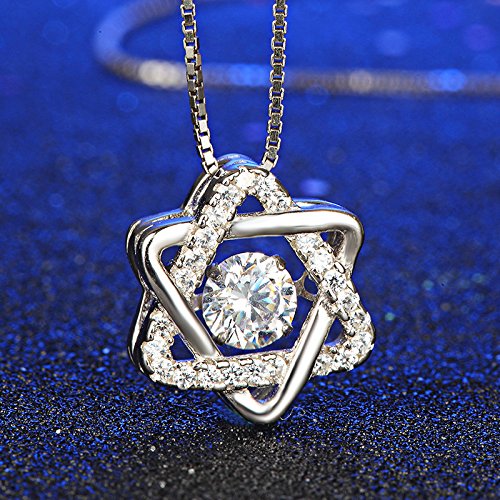 Sterling Silver Hexagram Jewish Star of David Six Pointed Pendant Necklace With Clear Crystal
