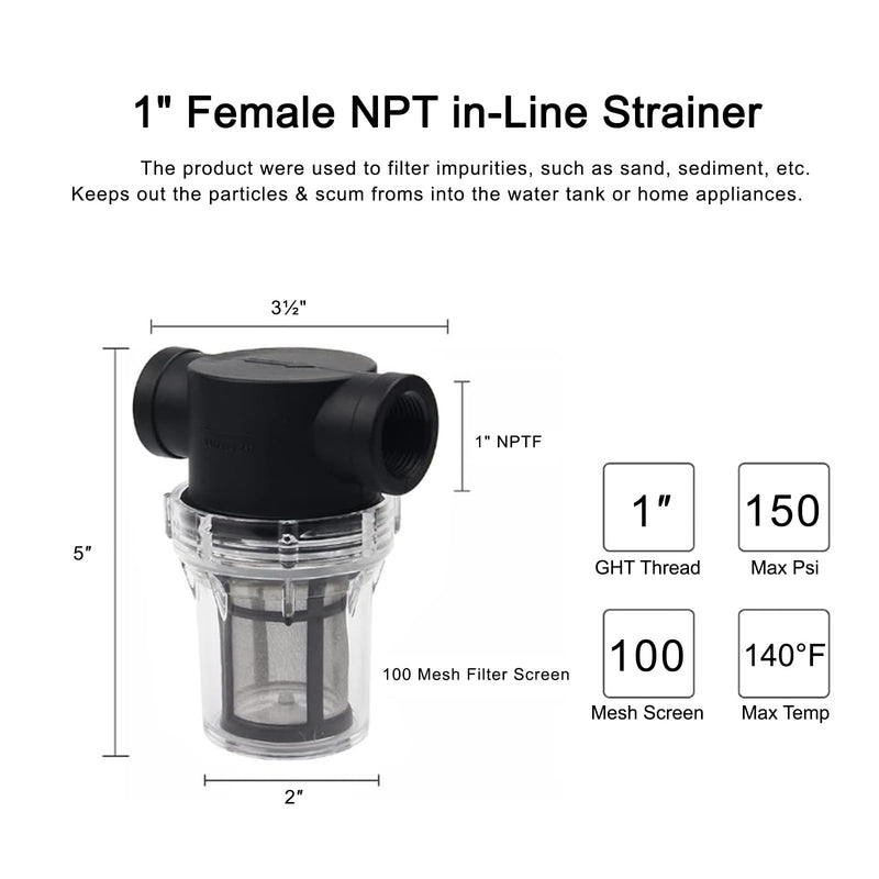 [Australia - AusPower] - AutoRocking 1" Female NPT in-Line Strainer with 100 Mesh Stainless Steel Filter Screen (MWP 150 PSI) 
