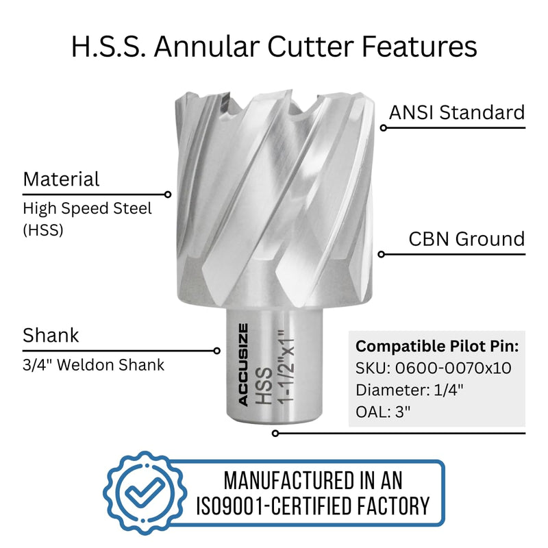Accusize Industrial Tools Hss Annular Cutter, 1-1/2'' Diameter by 1'' Depth with 3/4'' Weldon Shank, Ansi Standard, 2080-2029 | CBN-Ground HSS Cutter for Steel, Machine-Finish Holes, 1/4 in Pilot Pin Hole, ANSI, 2080-2029