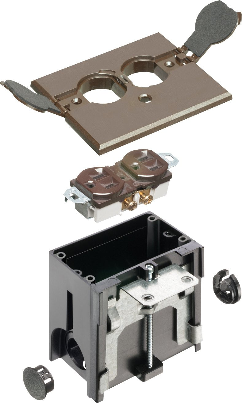 Arlington FLBAF101BR-1 Adjustable Floor Box Kit with Outlet and Flip Plate, for Installed Floors, 1-Gang, Brown,plastic，1-Pack Rectangular w/ Flip Lids