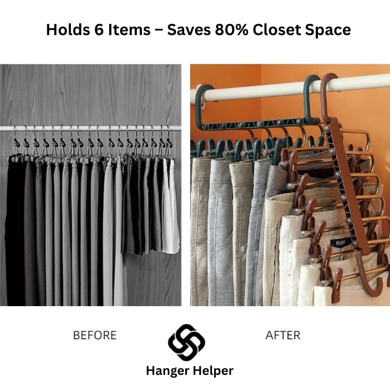 Hanger Helper Space Saving Pants Hanger, Vertical Closet Organizer Holds 6 Pairs, Foldable Multi-Layer Clothes Hanger for Jeans, Leggings, Trousers & Skirts, Closet Storage Organizer (Blue)
