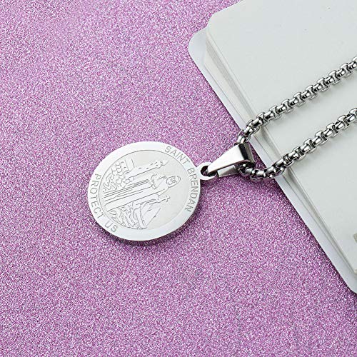 Wolentty Saint Brendan Necklace - 1" Stainless Steel Catholic St. Brendan Medal Pendant with 22" Chain Silver
