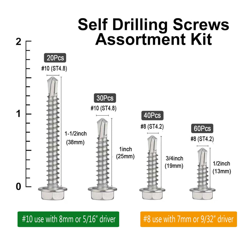 [Australia - AusPower] - 150Pcs Self Drilling Screws Assortment Kit, 410 Stainless Steel Self Tapping Sheet Metal TEK Screws, 8 1/2" 3/4" #10 1" 1-1/2", Hex Washer Head 