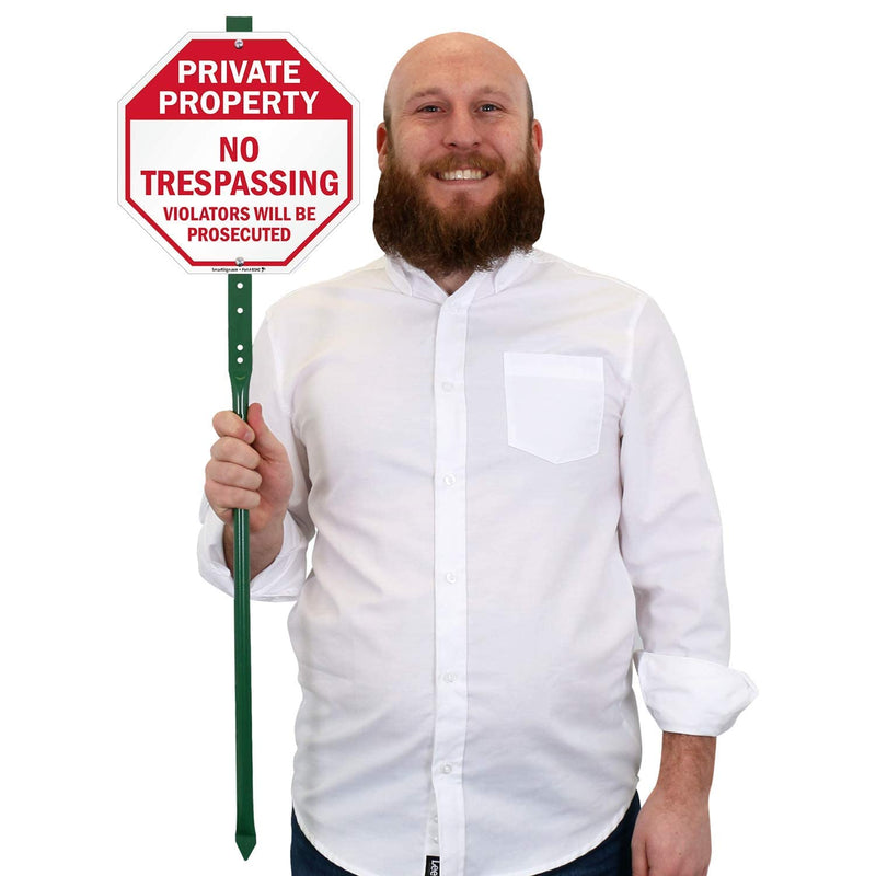 SmartSign "Private Property - No Trespassing, Violators Will Be Prosecuted" LawnBoss® Sign | 10" Octagon Aluminum Sign With 3' Stake
