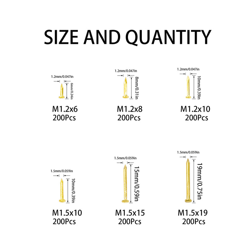 [Australia - AusPower] - 1200Pcs Small Tiny Nails Carbon Steel Brass Plated for Wooden DIY Micro Mini Nails M1.2/1.5 Assortment Kit 6 Sizes 