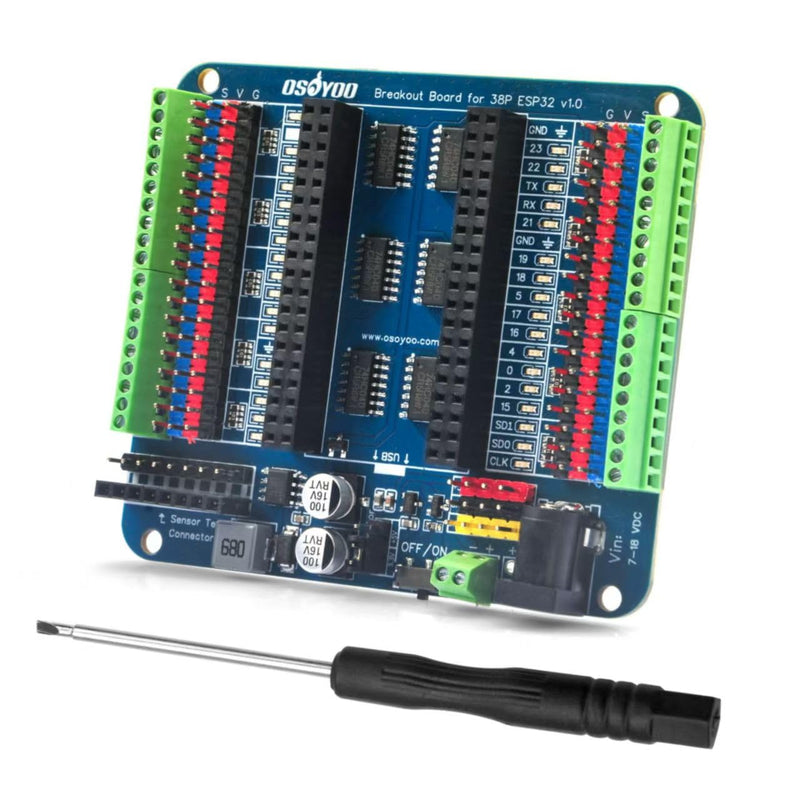 OSOYOO 30P ESP32 & ESP8266 Shiled Breakout Board Terminal Block Shield HAT with Pin Header, 5V 3.3V Power Outputs, GPIO Status LED 30P ESP32&ESP8266 Shiled Breakout Board