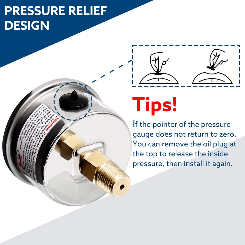 [Australia - AusPower] - 0-15 Psi Fuel Pressure Gauge, 1-1/2" Dial Size, 1/8" NPT Back Mount, Silicone Oil Liquid Filled, Stainless Steel Case, Inline Low Pressure Gauge, for Water Oil Air Pressure Test 0-15 Psi 