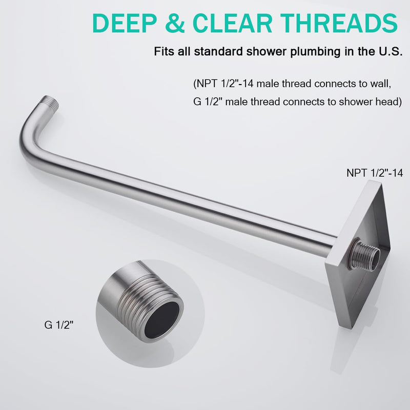 Shower Arm with Flange,16 in Stainless Steel Shower Arm Extension Wall-Mounted For Fixed Shower Head,Rain Shower Head Extender Brushed Nickel,SE-91018-16BN-SQ Large Square Flange-16″Brushed Nickel