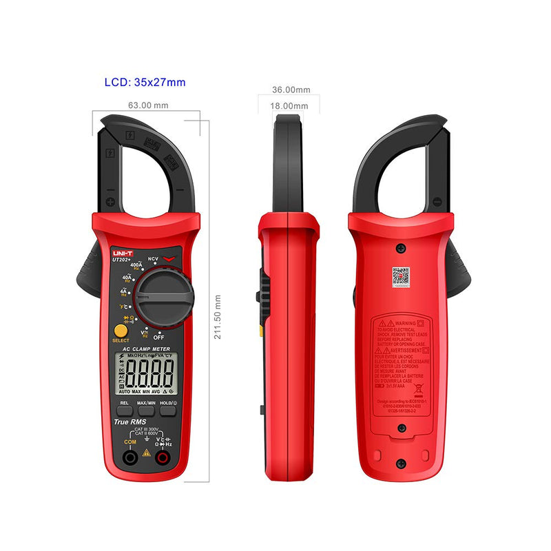 [Australia - AusPower] - UNI-T UT202+ Portable Multimeter Automatic Range True RMS Clamp Meter with LCD Display 