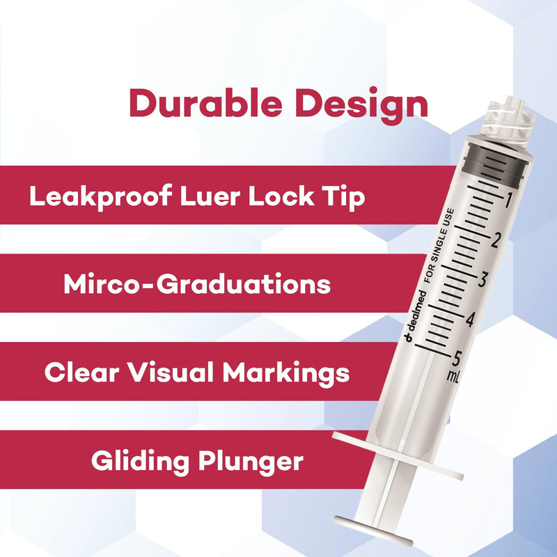 [Australia - AusPower] - Dealmed Luer Lock Syringes, Disposable without Needles, Sterile, Single-Use (5mL, 100) 