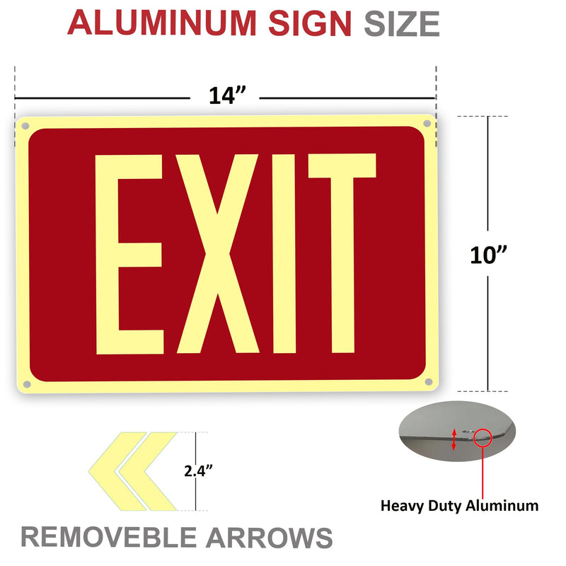 2Pack Photoluminescent Exit Sign Aluminum - 14x10 Inches Glow In Dark Exit Sign with Adhesive Backing - Removable Arrows Included - Non Electrical Red Exit Light For 50 Feet Visibility 14"X10"-2PACK