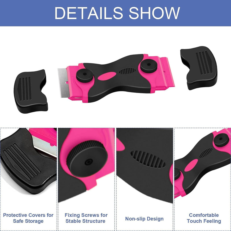 DEKEones Razor Blade Scraper, Double Edged Razorblade Scraping Tool with 10 Pcs Razor Blades, Paint Scraper for Glass, Decals, Tint, Stickers, Labels, Caulk, Adhesive(Pink) 1