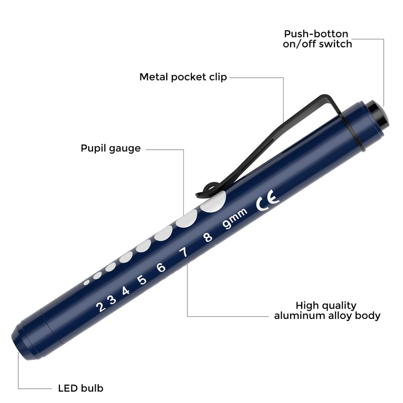 RISEMART Diagnostic Light, Pupil Light, 2 Pieces, Reusable LED Pen Lamp with Pocket Clip for Nurses, Doctors, Students, Pen Light, Dark Blue and Black