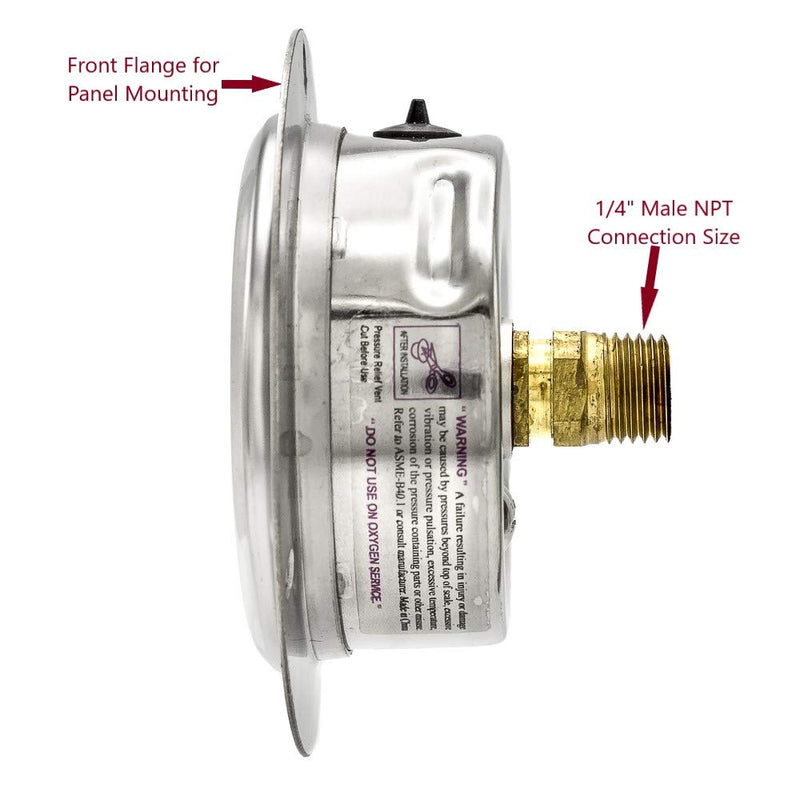 [Australia - AusPower] - PIC Gauges PRO-204L-254S Panel Mount Front Flanged Glycerin Filled Industrial Pressure Gauge w/ SS Case, Brass Internals, Plastic Lens, 2.5" Dial, 0/6000 psi Range, 1/4" Male NPT 0 - 6,000 PSI 