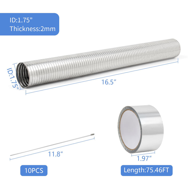 Universal Exhaust Flex Pipe 1.75"[1 3/4"] ID X 16.5"Length 304 stainless steel Exhaust Pipe Can be extended to 20" Comes With Aluminum Foil Tape (2in*75FT),Stainless Steel Cable ties