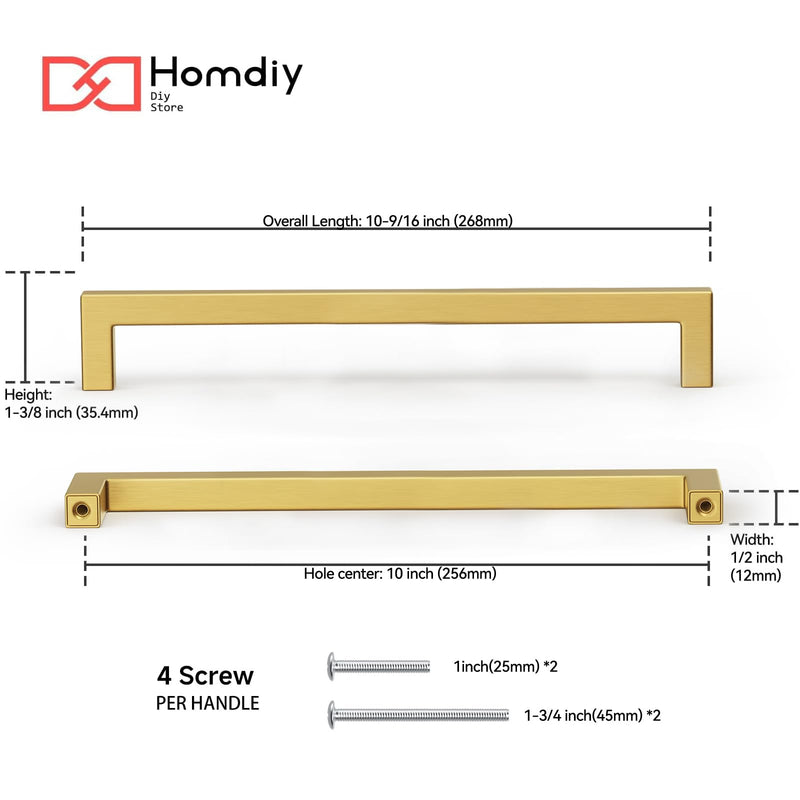 homdiy 6 Pack 10-1/16 Inch Gold Handles for Cabinets Kitchen Cabinet Handles Brushed Brass Cabinet Pulls Gold Hardware for Cabinets Stainless Steel Modern Hardware 10-1/16inch(256mm) Hole Center
