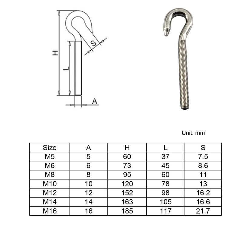 [Australia - AusPower] - 16Pcs M5 Stainless Steel Eye Bolt with Nut and Washers Long Shank Threaded Rod Round Hook Eyelet Bolt Screw 