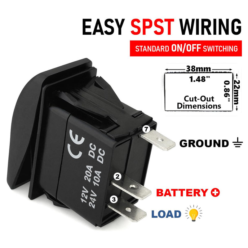 MGI SpeedWare 3-Pack Marine Rocker Switches with Illuminated LED, 20A 12vDC, SPST Latching ON/Off - Red