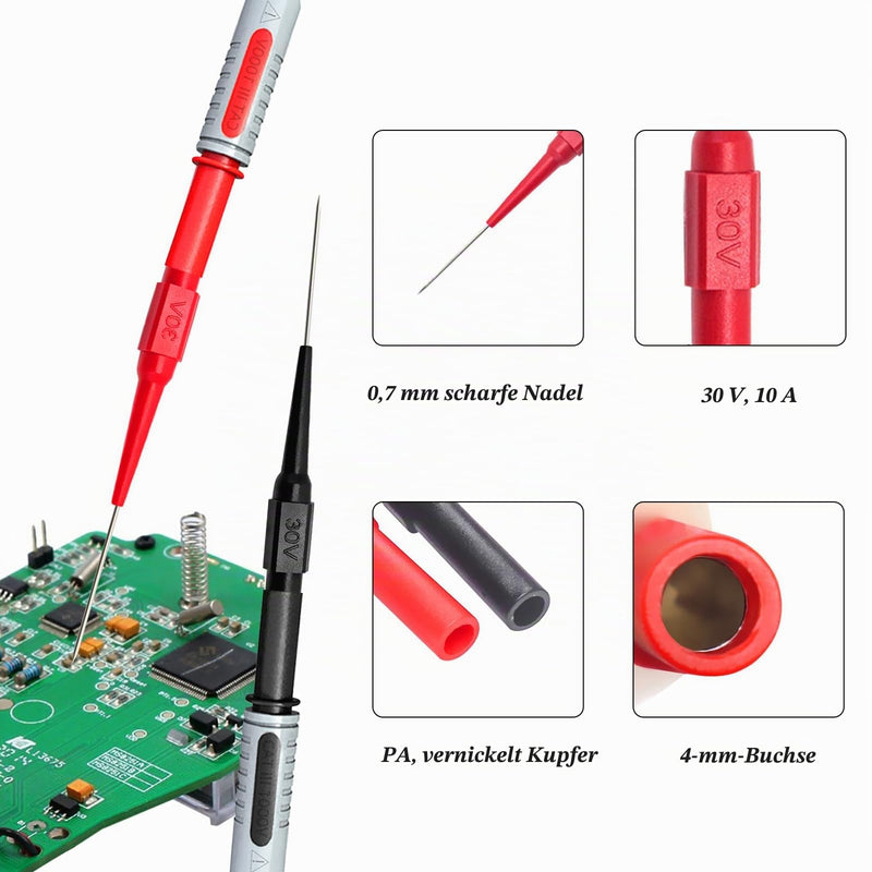Automotive Industry Back Sample Pins, Red & Black, Pack of 4 | Durchsteck-Messspitzen für Multimeter, 4mm Buchse, 0.7mm Puncture Probe Nadel, 30V/10A, Für kleine IC Pins Elektronikprüfung Red-and-black 4 Stück