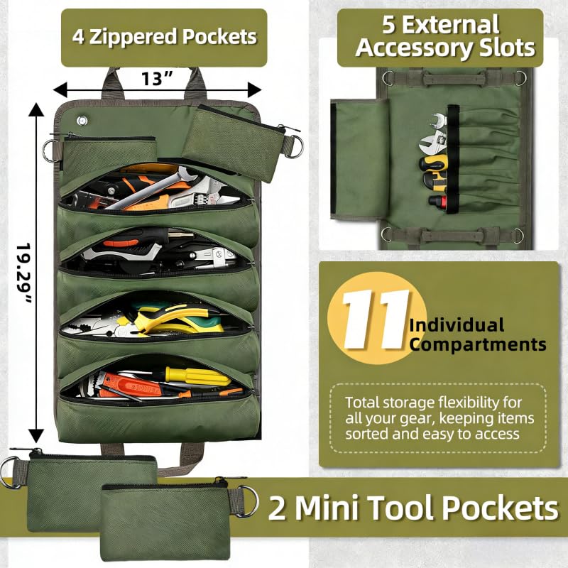 Sellign Tool Bag Roll Up，Heavy Duty Portable soft Tool Storage Organizer, Foldable Rollup with Small Pockets, Official Rollable Toolbag, Father Day Gifts for Him Dad Men Mechanic Welding(Green） Green