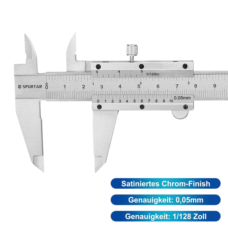 [Australia - AusPower] - Spurtar Vernier Calliper 150 mm Analogue 1/20 Vernier Reading: 0.05 mm Precision Stainless Steel Vernier Caliper Analogue with Locking Screw, Thread Table incl. Case 