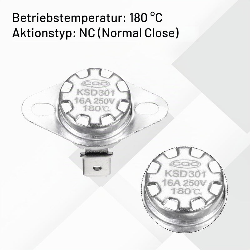 QUARKZMAN KSD301 Thermal Switch 180 °C Closed 250 V 16 A Temperature Switch Thermostat Bimetal Thermal Protection for Microwaves, Ovens, Coffee Machines Pack of 8