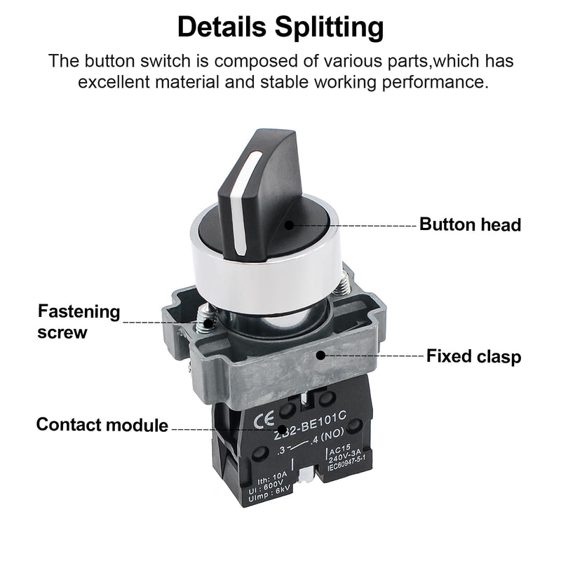 [Australia - AusPower] - 2Pack Black 2-Position Selector Switch 1NO Metal Head Switch Ith: 10A, Ui: 600V, Uimp: 6kV, AC15 240V-3A, CE 