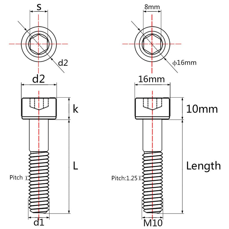 Titanium Cap Allen Socket Head Bolts M10 20 25 30 35 40 45 50 55 60mm Screw Pack of 4 (M10x60mm Pitch 1.25mm, Gold) M10x60mm Pitch 1.25mm