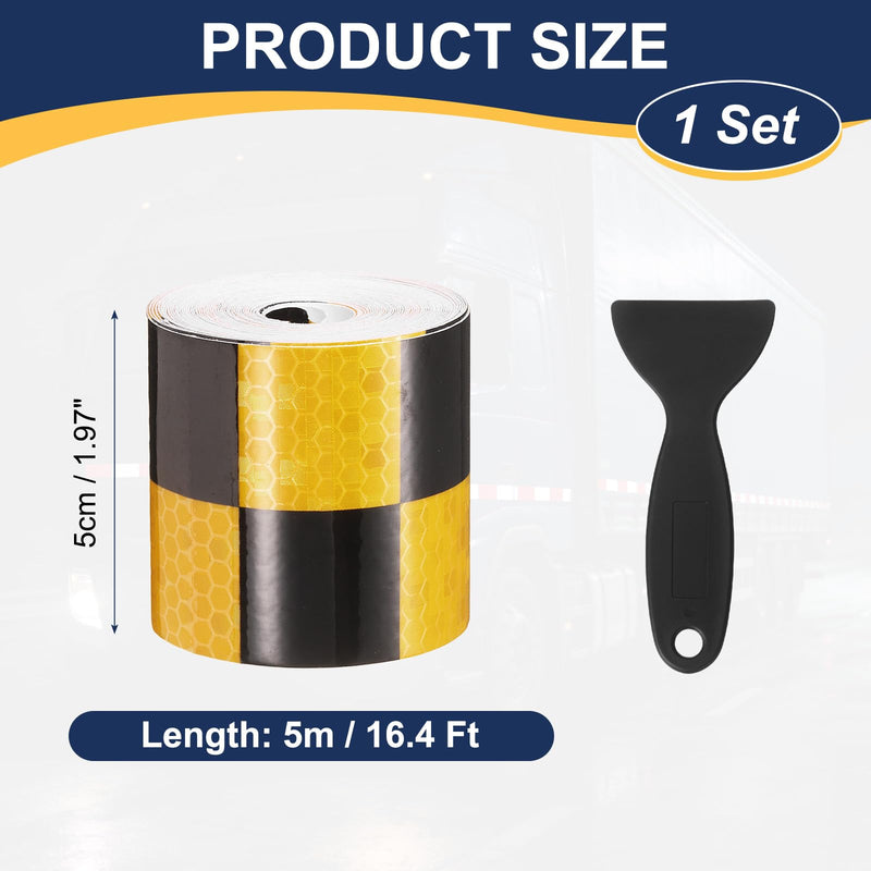 PATIKIL Reflective Tape, (16.4 ft x 1.97 Inch,Yellow, Black) (1Set) Night Safety Sticker Adhesive Waterproof Warning Outdoor with Black Scraper, Suit for - Trailer/Trucks/Bike Yellow, Black 16.4 Ft x 1.97 Inch