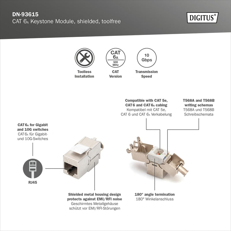 Assmann DN-93615 Digitus Cat 6a Shielded Keystone Module | Tool Free - LSA - PoE++ - AWG 26-22 - RJ45 Female - 10Gbps - For junction boxes and patch panels Standard version 1 pc.