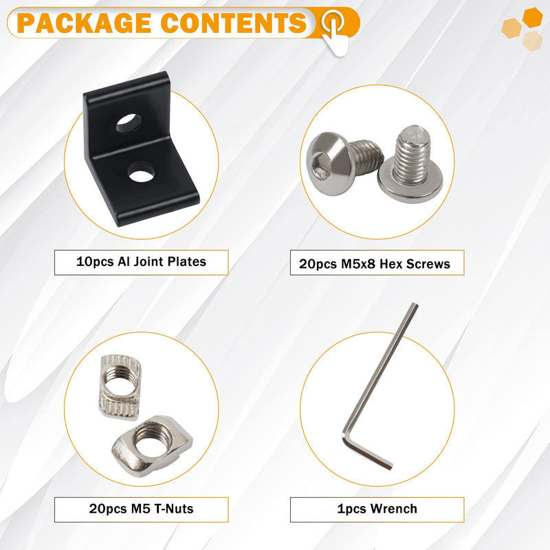 [Australia - AusPower] - KOOTANS 10Set 2020Series 2 Hole 90 Degree Inside Corner Bracket Kit, Black L Corner Bracket for 2020 Aluminum Extrusion Profile 6mm Slot with 20pcs M5 T Nuts, 20pcs M5 Hex Screw, 1pcs Wrench 10pcs 2020 with screws & nuts Black 