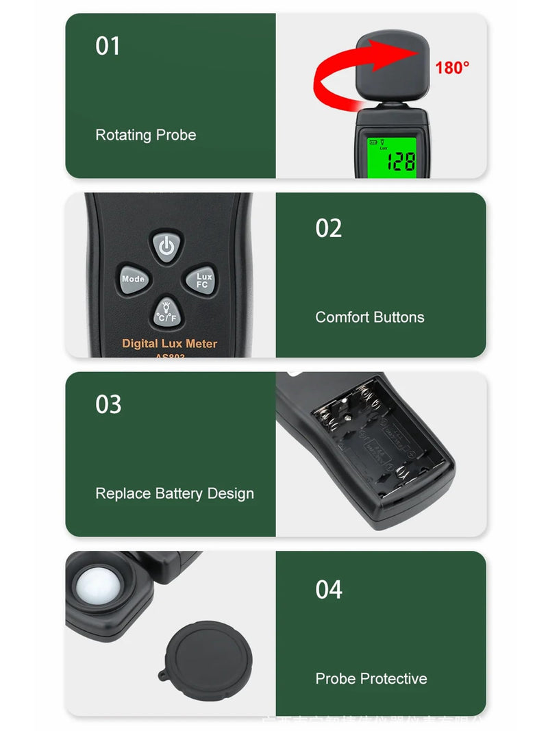 [Australia - AusPower] - Yankok AS803 Smart Digital Light Meter 1-200000 Lux Auto Measurement Lumen Checker Tools with High Accuracy 180D Rotatable Sensor Black 