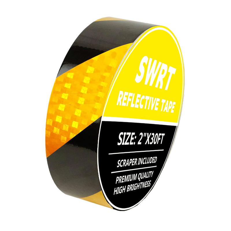 SWRT 2 Inch X 30 FT Reflective Tape Outdoor Waterproof Black & Yellow Reflective Tape Strong Adhesive Caution Hazard Warning Tape Reflector Conspicuity Tape for Trailer Sign