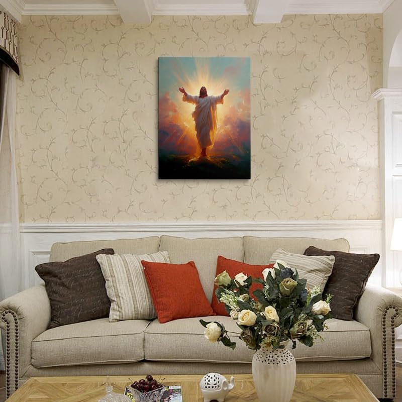 Risen Christ Canvas Wall Art Framed Painting Jesus with Divine Light Rays Outstretched Arms in White Robes Religious Christian Wall Decor Artwork Print Poster 16x24 Inches Illuminating Jesus 24"L x 16"W