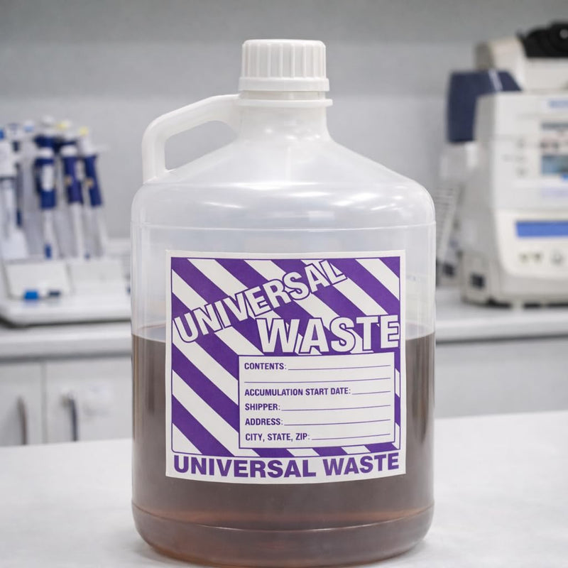 Universal Waste Labels, 6 x 6 inches, Purple/White, Self-Adhesive Vinyl, Pack of 25