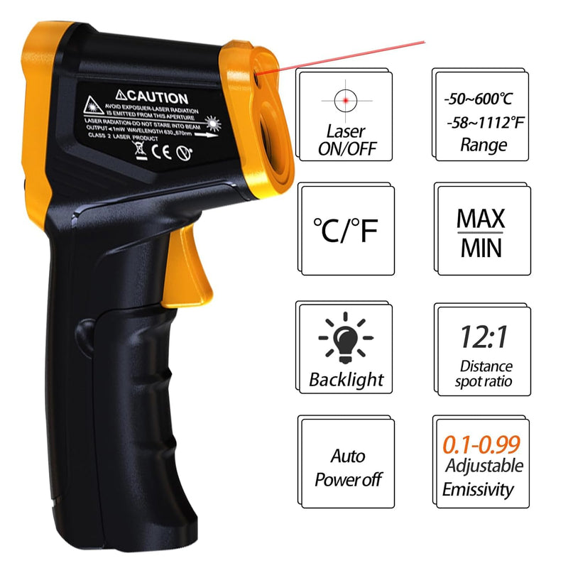 [Australia - AusPower] - Digital Infrared Thermometer Gun -58 to 1112 Degrees Fahrenheit Adjustable Emissivity&MAX&MIN Non Contact IR Thermometer Laser Temperature Gun for Cooking,Food,Pizza,Oven,Grill(not for Human) 