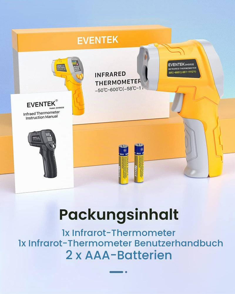 Eventek Infrared Thermometer, -50°C ~ 600°C Temperature Meter, 0.1-1.0 Adjustable Emissivity Laser Thermometer, Colored HD Screen Thermometer for Kitchen, Pizza, Cooling, Industry yellow