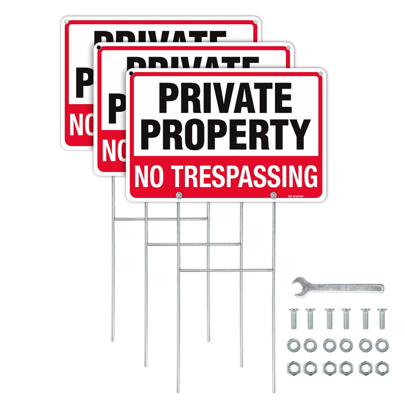 T&R No Trespassing Sign Private Property Sign with H Stake for Outside,3 Pack,12"x8" .040 Rust Free Heavy Aluminum, Waterproof,Includes Matching Screws & Wrench, Easy to Mount 3-Pack