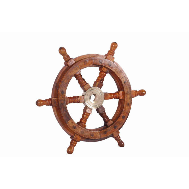TUP THE URBAN PORT 12" Teak Wood Ship Wheel with Brass Inset and Six Spokes, Brown and Gold 12" Inch