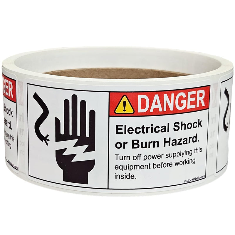 1.5 x 3 Electrical Shock or Burn Hazard ANSI Danger Labels, ANSI Warning Stickers - 1.5 x 3 Inch Safety Labels for Factories & Warehouses, Semi-Gloss Paper with Permanent Adhesive, 100 per Roll