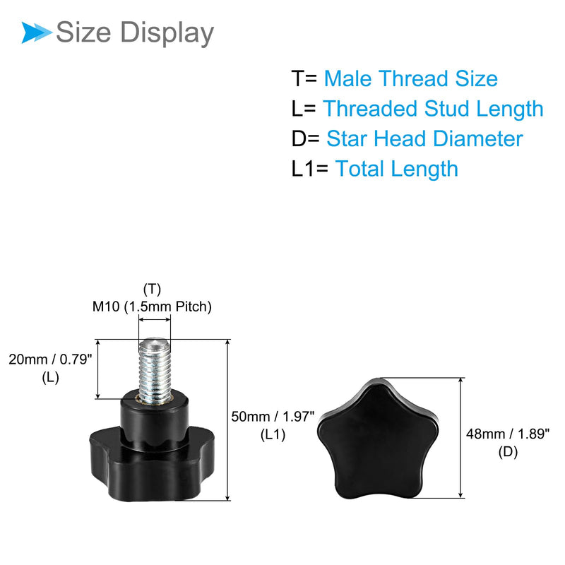 [Australia - AusPower] - Star Clamping Knobs, M10 x 20mm Male Thread 48mm Head, Plastic Thumb Screw Grip Hand Knobs Threaded Bolt Black - (Applications: for Lathe Machinery), 2-Pieces M10 x 20mm x 48mm 