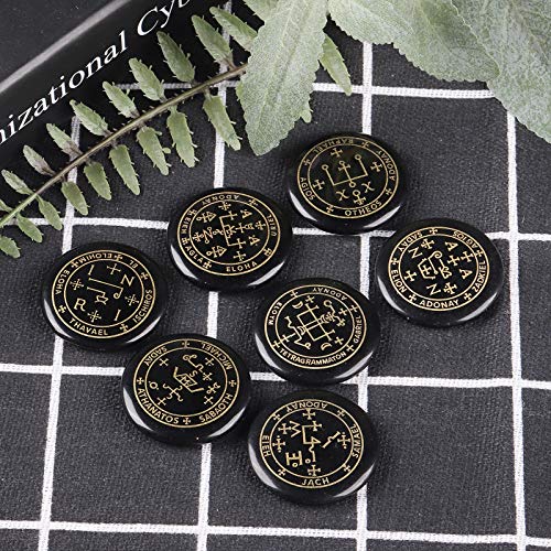 mookaitedecor 7 Piece Stones with Engraved Magic Archangel Symbol Black Black Agate