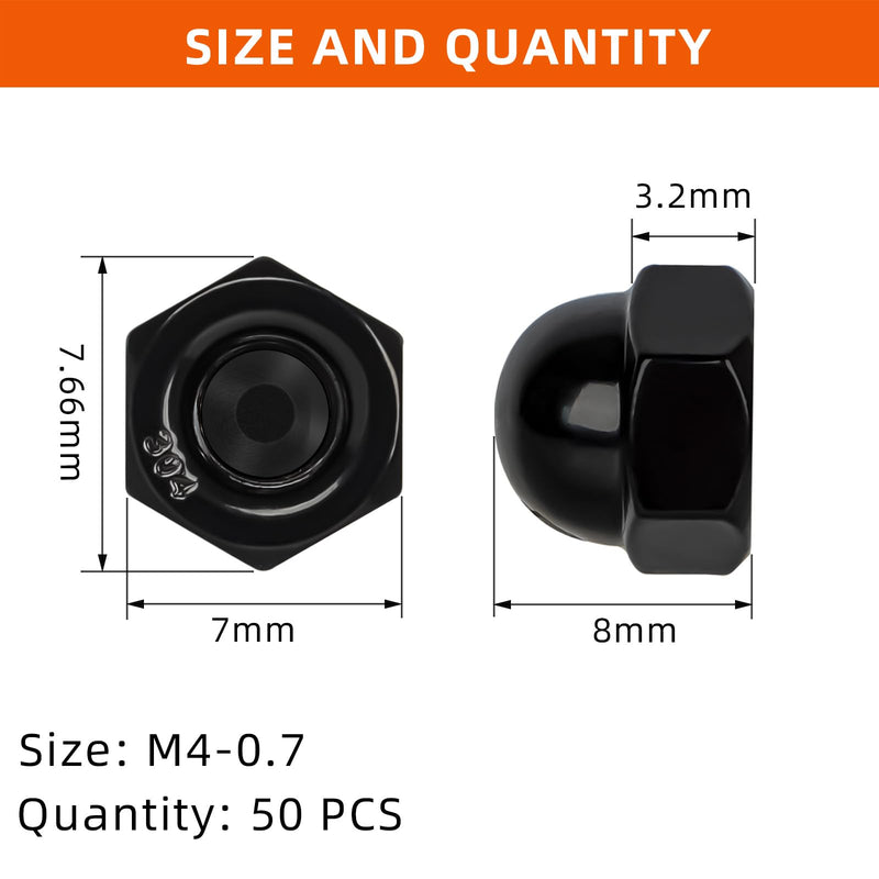 [Australia - AusPower] - M4 Acorn Cap Nuts, 304 Stainless Steel 18-8, Black Finish, 50 PCS M4-0.7 