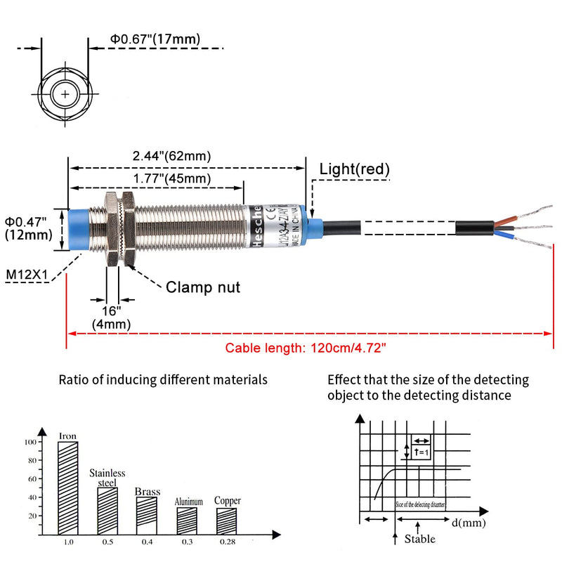 Heschen Inductive Proximity Switch with Sensor LJ12A3-4-Z/AY, Detector 4mm, 10-30V, 200mA, PNP NC (Normally Closed) 3 Wires