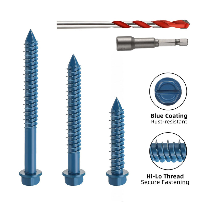 [Australia - AusPower] - 3/16" x 1-1/4" Concrete Screws, Blue Hex Head Screw Anchor with Drill Bit and Hex Bit Socket, for Masonry, Cement, Block, Brick or Stucco, 100 PCS 3/16 x 1-1/4" 