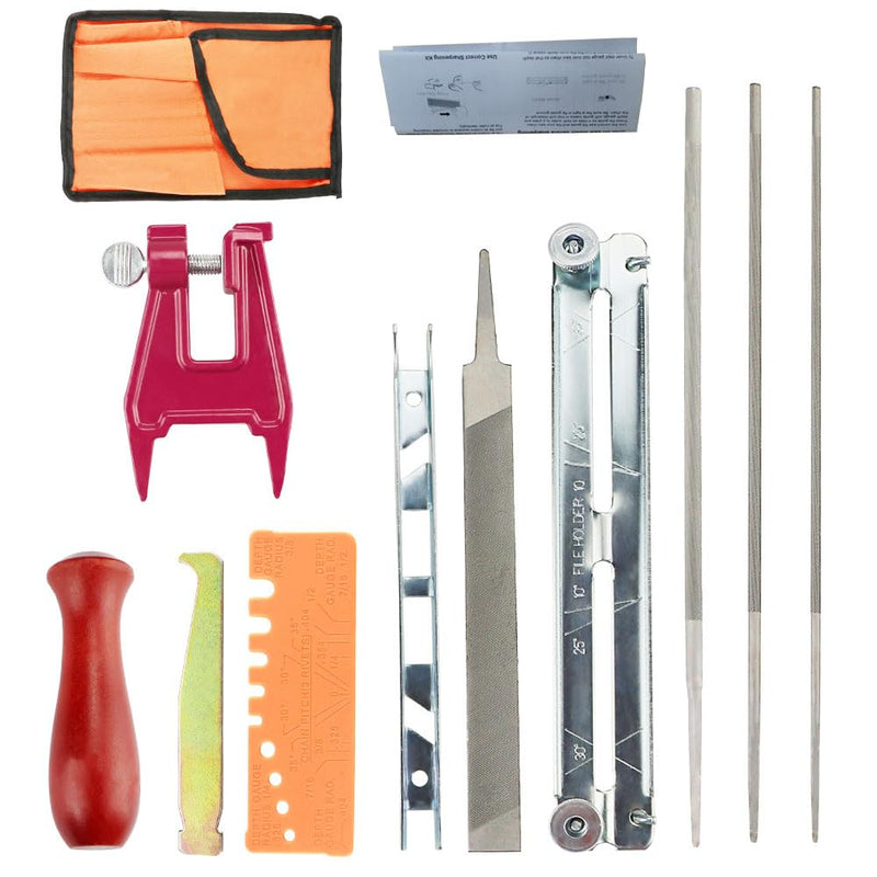 Chainsaw Sharpening Files Kit, Chainsaw Sharpener Files Set, Chainsaw Sharpener Includes Chainsaw Blunt, Round File, Sharpening Guides, Depth Gauge, Flat File, Wooden Handle, Lightweight Field Bag