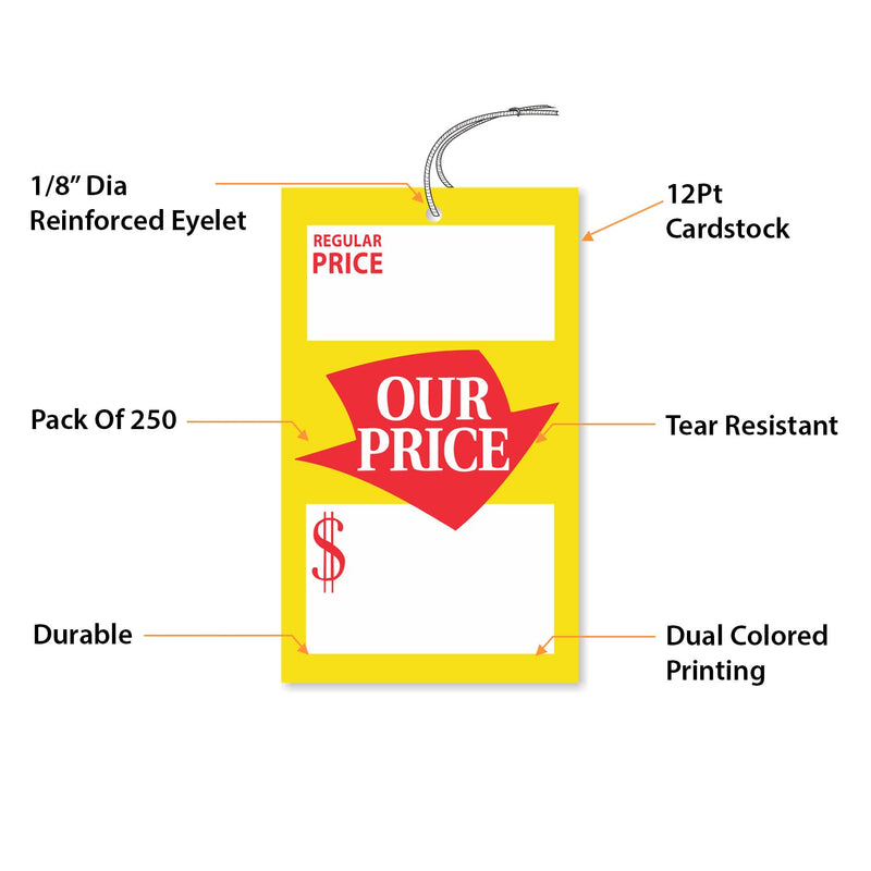 SmartSign Pack of 250 Regular and Special Our Price Tags with String Pre-Attached, 2.25 x 3.75 inch, 12 pt Cardstock, Merchandise Coated Tags, Red/Yellow/White
